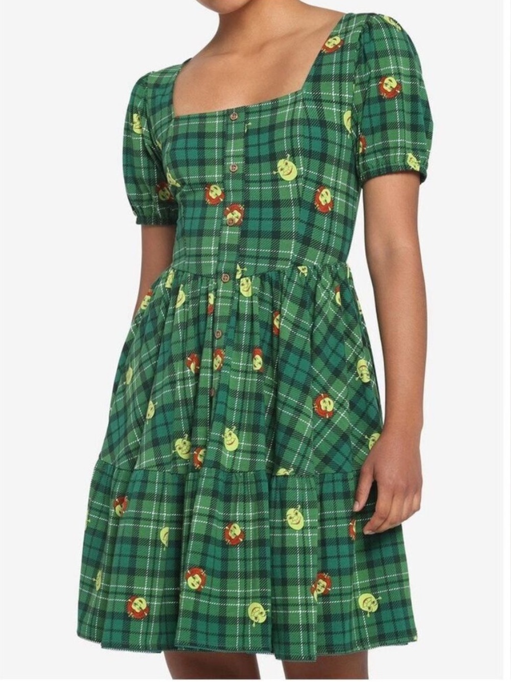 Shrek and  Fiona Green Plaid Tiered Skater Dress - Size XS